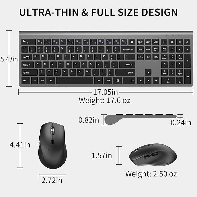 Wireless Keyboard and Mouse Combo, Full-Size Slim Keyboard with Numeric Keypad, Calculator Button, 2400 DPI Ergonomic Large Mouse for Right Hand, USB Cordless Set for Laptop PC Windows - Black & Grey