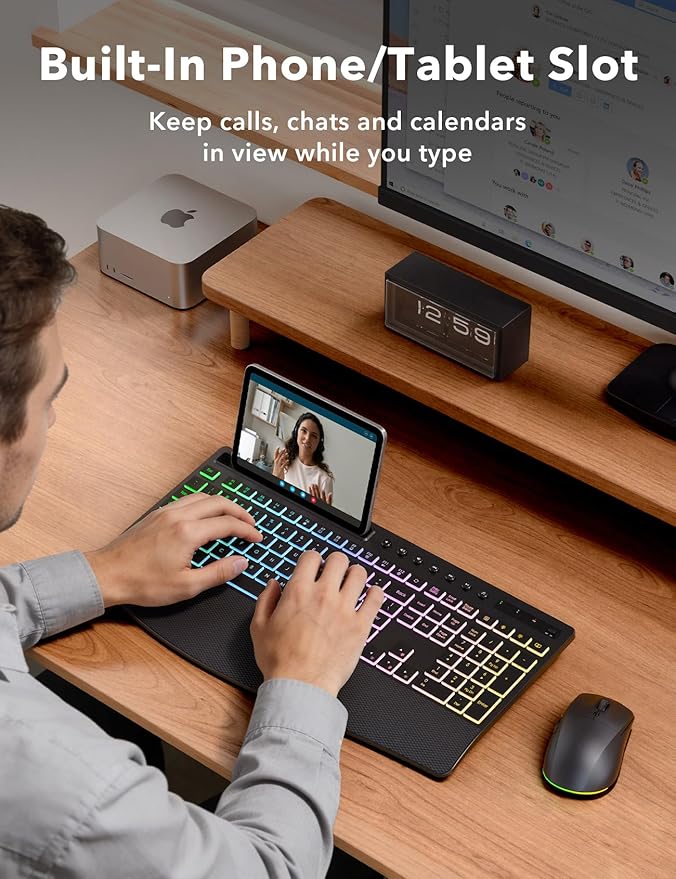 Trueque Wireless Keyboard and Mouse Combo, 4000mAh Rechargeable Backlit Keyboard with Wrist Rest & Phone Holder, Full Size Quiet Typing 2.4G USB-A/Type-C for PC Laptop Windows Mac (Black)
