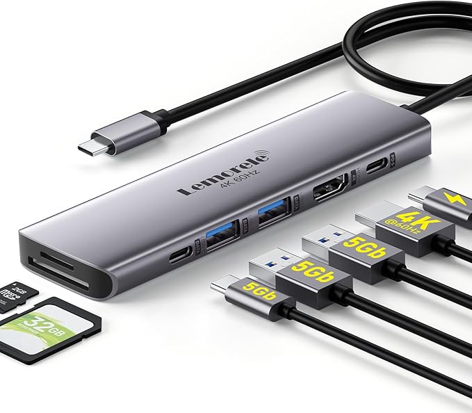 USB C Hub Multiport Adapter,7-in-1 4K 60Hz HDMI Docking Station, 100W PD, SD/TF 3.0 Slots, 2 USB 3.0 & USB C 3.0 5Gbps Data Ports, for MacBook, iPad, Surface, XPS, ChromeBook