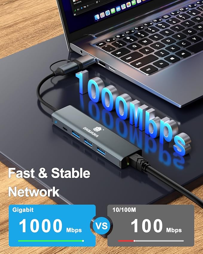 USB C Hub, 5-in-1 USB C/A Docking Station, RJ45 10/100/1000 Gbps Ethernet Adapter, Driver Free, 3 USB A 3.0, PD100W Charging for MacBook, iPad Pro, Surface Laptop, Chromebook, etc