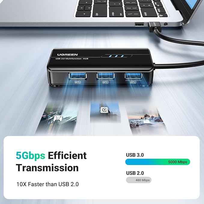 UGREEN USB 3.0 Hub Ethernet Adapter 10 100 1000 Gigabit Network Converter with 3 USB 3.0 Ports Hub Compatible with Laptop PC MacBook Mac mini Surface XPS Windows Linux macOS, and More