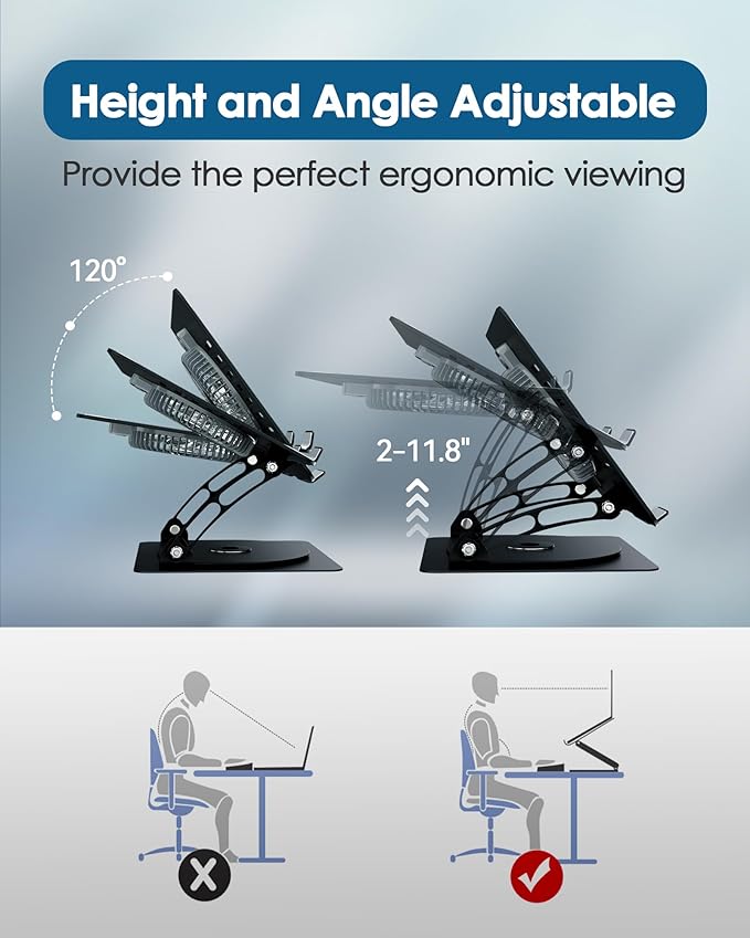 SHUWEI Laptop Cooling Stand with Detachable Desk Fan, Adjustable Height & Angle, 360 Rotating Base, Carbon Steel Framework, Ultra-Quiet & Super Sturdy for up to 16”Laptop-Black