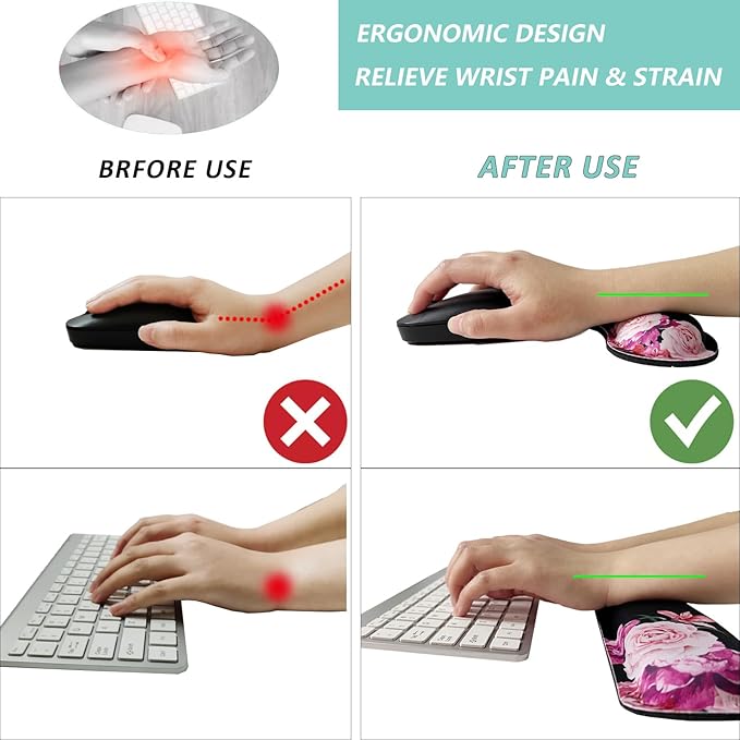 Keyboard Wrist Rest Mouse Wrist Support Set, Memory Foam Wrist Rest Pad for Computer Laptop Keyboard Mouse, Ergonomic Wrist Cushion Support for Typing Pain Relief, Gaming Home Office, Flowers Pink