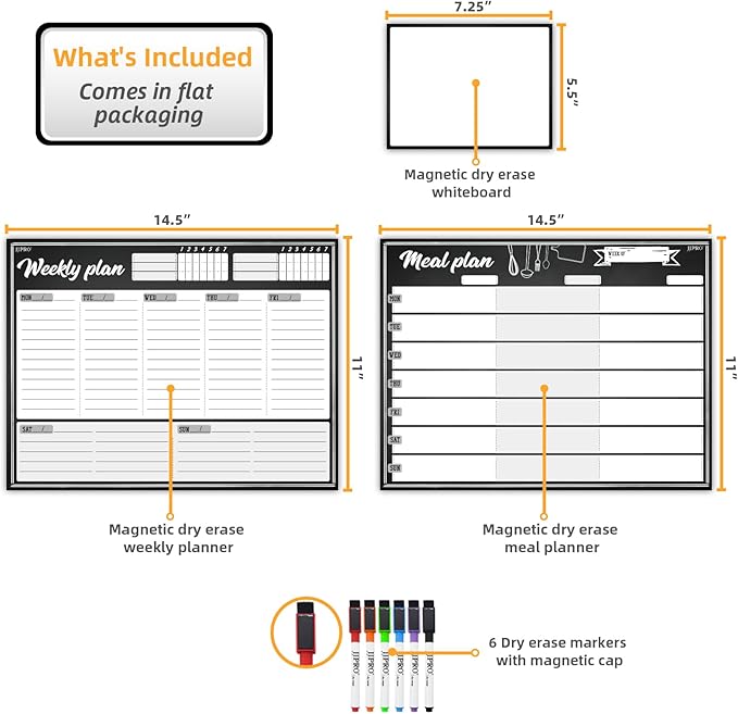 JJPRO Magnetic Dry Erase Meal Planning Whiteboard for Refrigerator-Magnetic Weekly Planner for Fridge-One Bonus Notepad whiteboard-Refrigerator Organizer with Weekly Planning Boards