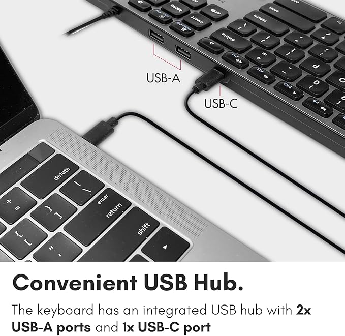 Macally Premium Wired USB C Keyboard with USB Ports - Connect Up to 3 Devices - (2X USB-A |1x USB-C Ports) - Wired Keyboard for Mac Mini/Pro, iMac, Macbook, iPad, and PC - Full Size Type-C Keyboard