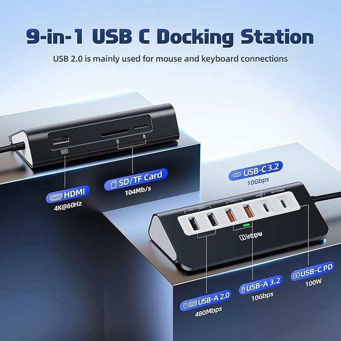 P9 PRO USB C Hub 10Gbps, 9-in-1 USB C Docking Station 3.28FT with 4K@60Hz HDMI, 3 Type-C/A 3.2, 2 Type-A 2.0, PD 100W, SD/TF Port, Black Aluminum USB Hub for Laptop, iPhone 17, MacBook Air/Pro