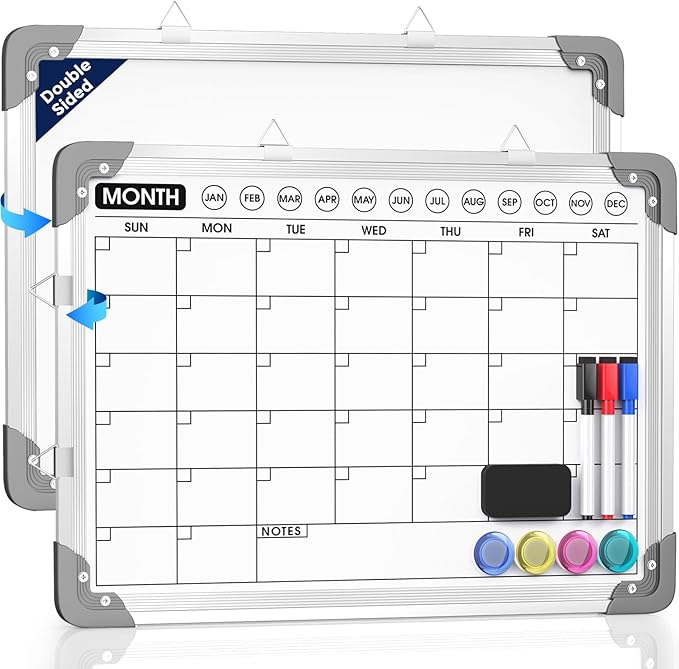 MaxGear Monthly Calendar Dry Erase Board for Wall, 16" x 12" Magnetic Calendar White Board, Small Double-Sided Whiteboard, Hanging Portable for Planning, Drawing, Memo, School, Home, Office