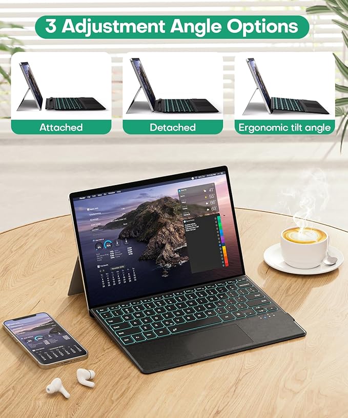 Surface Pro Keyboard for Microsoft Surface Pro 11/10/9/8/X 13", 7 Color Backlits Portable Type-Cover, Bluetooth Wireless Magnetic Ergonomic Ultra Slim Keyboard, Trackpad, USB-C Recharge, Pen Holder