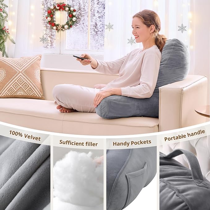 Sasttie Reading Pillow for Bed - 23 Inch, Back Pillow for Bed Sitting Up, Back-Rest Support Cushion with Side Pockets and Arms, Dorm Essentials, Oeko-Tex Certified, Dark Grey