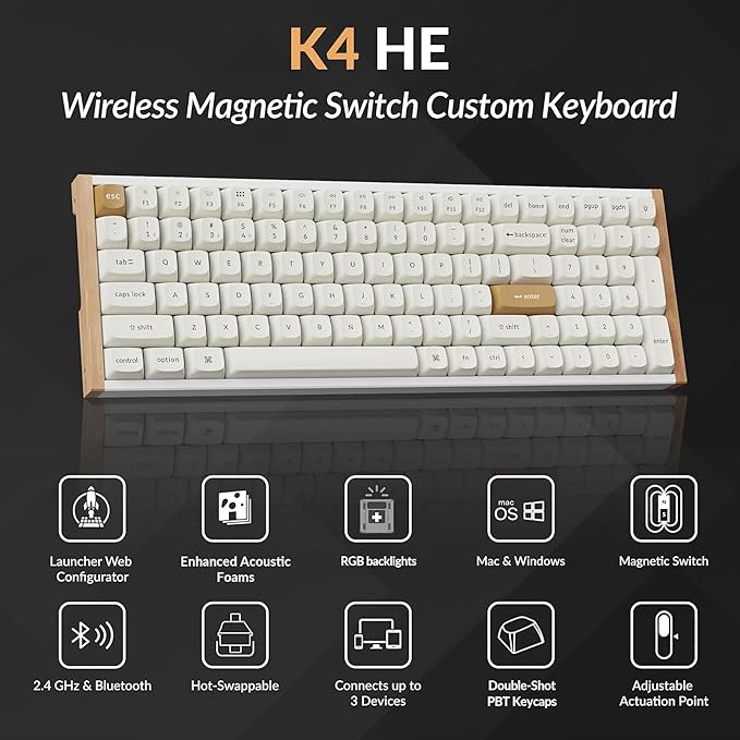 Keychron K4 HE – 96% Compact Hall Effect Wireless Mechanical Keyboard with Number Pad, Magnetic Switch, Rapid Trigger, Custom RGB, QMK/VIA, 2.4GHz/BT5.2/Wired, for Mac/Windows/Linux, Wood Frame, White