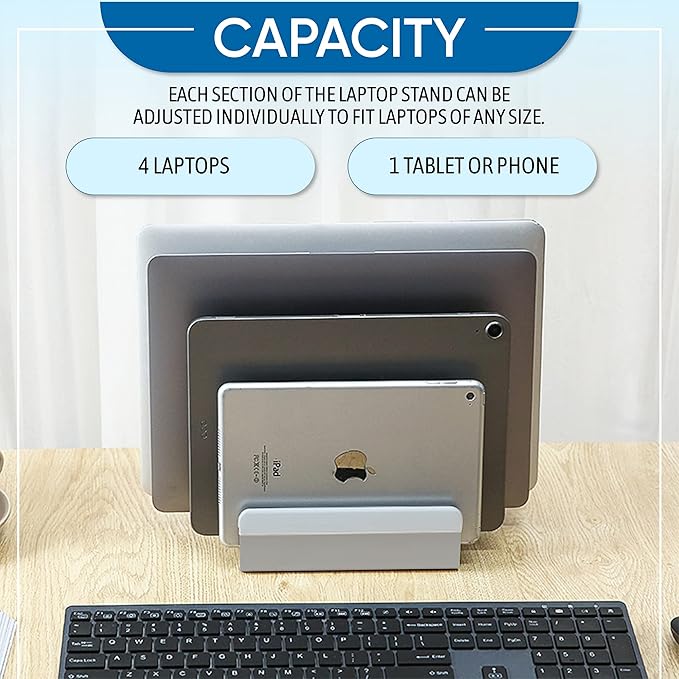 Elestoria 5-Slot Vertical Laptop Stand - Aluminum Laptop Stand Vertical for Desk -Laptop Holder with Adjustable Width (12-38mm) Compatible with MacBook Pro/Air & Gaming Laptops up to 17.3"-Grey