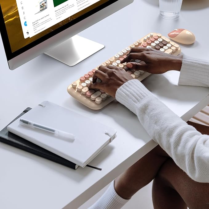 MOFII Wireless Keyboard and Mouse Combo, 2.4G Full-Size Retro Typewriter Computer Keyboard and 3 Level DPI Adjustable Wireless Mouse for Windows, Mac OS Desktop/Laptop/PC-Milk Tea Colorful