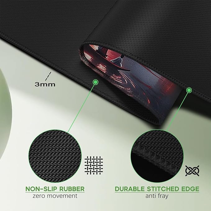 Japanese Sakura Mouse Pad 31.5x11.8 Inch Black Anime Desk Mat Large Non-Slip Rubber Base Waterproof with Stitched Edges for Gaming and Office(Red Moon)