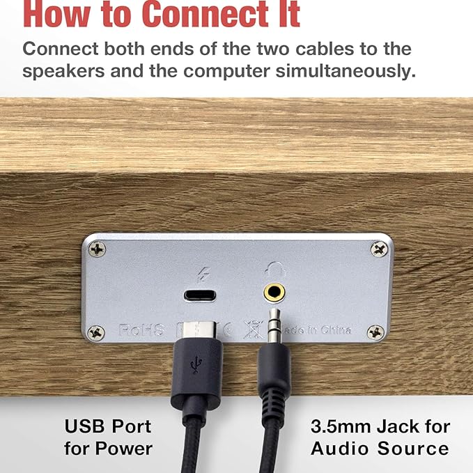MICA Computer Speakers, Vintage Wired Computer Sound Bar, Retro Wooden Mini Soundbar, 3.5mm Aux Connection, USB Powered PC Speakers for Desktop Monitor, Laptop, Tablets (Yellow)