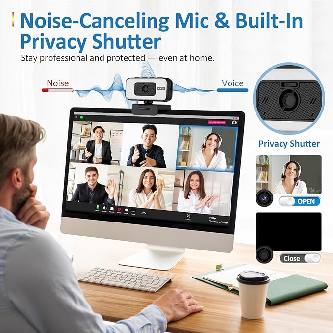 4K Webcam with Light for PC & Laptop & Mac, Computer Camera with AI PDAF AutoFocus, Four Physical Controls Buttons, Adjustable Webcam Light, Privacy Cover for Remote Work