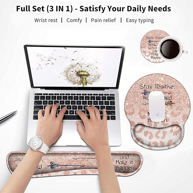 Keyboard Wrist Rest and Mouse Pad with Wrist Support, Ergonomic Gel Mouse Pad Coaster Easy Typing Pain Relief,Memory Foam Keyboard Mousepad Set,Stay Positive Work Hard and Make It Happen Leopard
