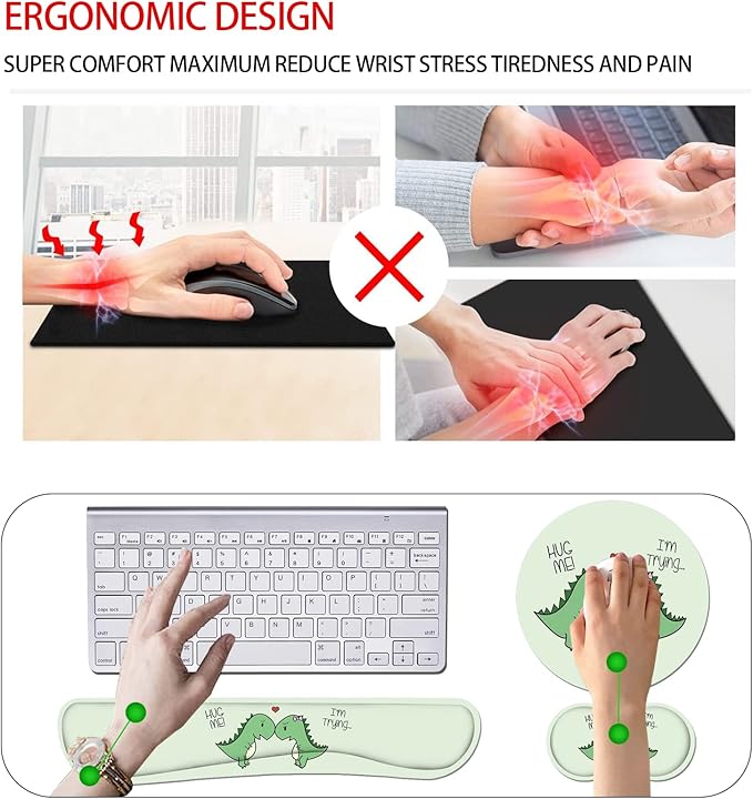 Keyboard Wrist Rest and Mouse Pad Wrist Rest Set with Coasters [4Pcs], Ergonomic Support, Non-Slip Rubber Base, Easy Typing & Pain Relief for Home Office Working Studying, Cute Little Dinosaur
