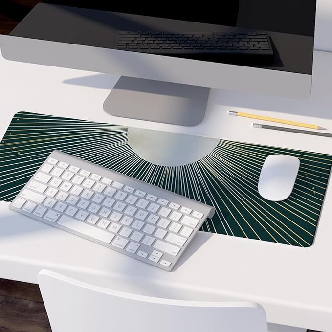 Boho Gold Sunburst Mouse Pad,XL Large Retro Minimalist Art Aesthetic Desk Mat,Dark Green Summer Sun Mousepad for Home Office Dorm Desktop Decor,31.5x11.8 Inch