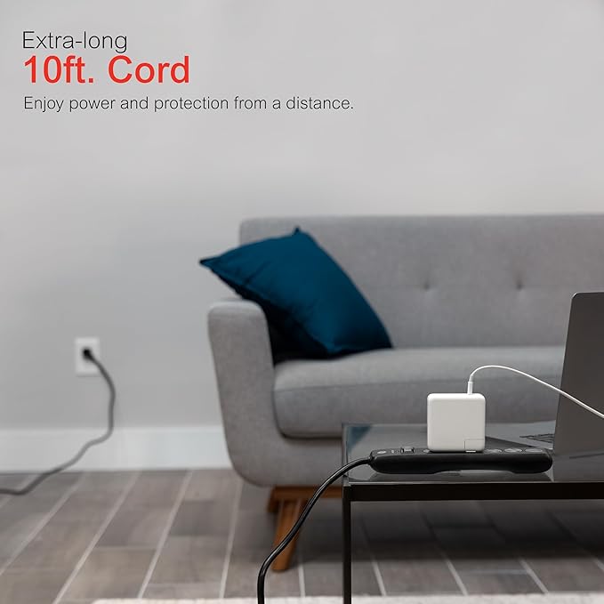 GE Surge Protector Power Strip, 10 Ft Extension Cord, 6 Outlet Extender, 800 Joules, Flat Plug, Twist-to-Close Safety Covers, ETL Listed, Black, 2 Pack, 54646