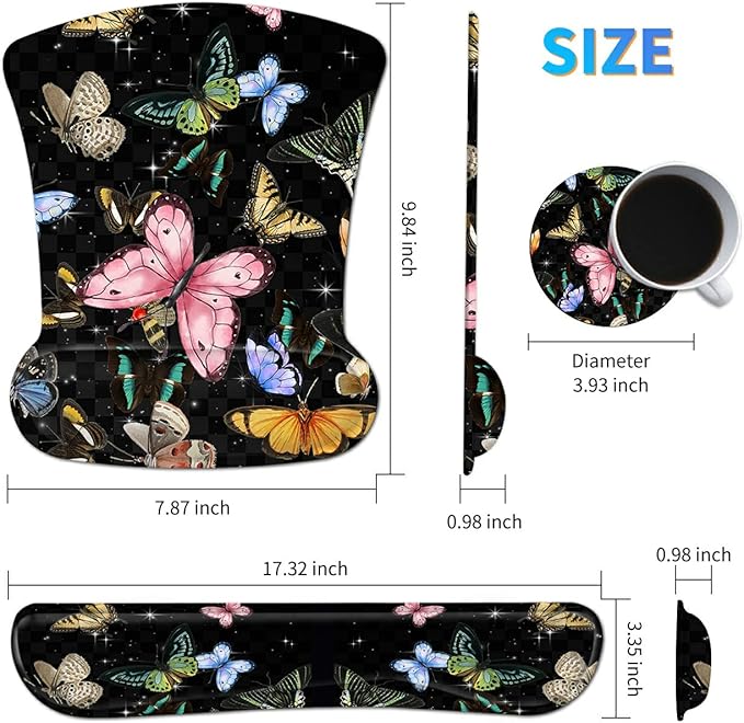 Ergonomic Mouse Pad with Wrist Support Gel Mouse Pads and Upgrade Keyboard Wrist Rest Pad Set, Coasters Non-Slip PU Base Mouse Mat for Office Gaming Computer Laptop Home, Glitter Butterfly