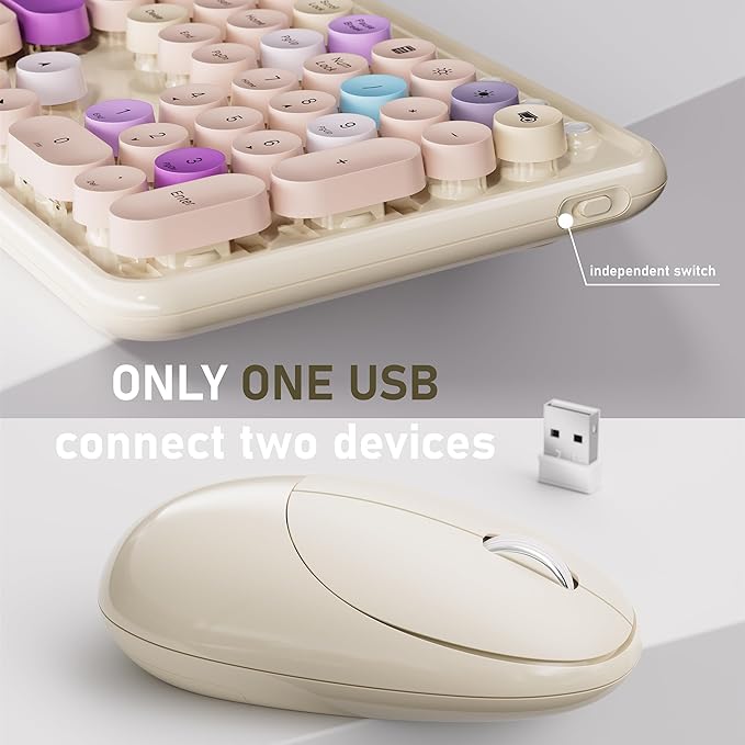UBOTIE Wireless Keyboard and Mouse Combo with Phone Holder and Wrist Rest, Round Colorful Keys, Power Switches, 2.4GHz USB Receiver, Full-Size QWERTY Layout for PC Laptop(Khaki)