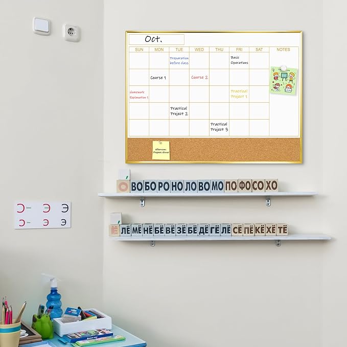 Dry Erase Calendar Whiteboard and Cork Board Combo, 24'' x 18'', Monthly White Board, Wall Hanging, Gold Aluminum Frame, for Home Office School