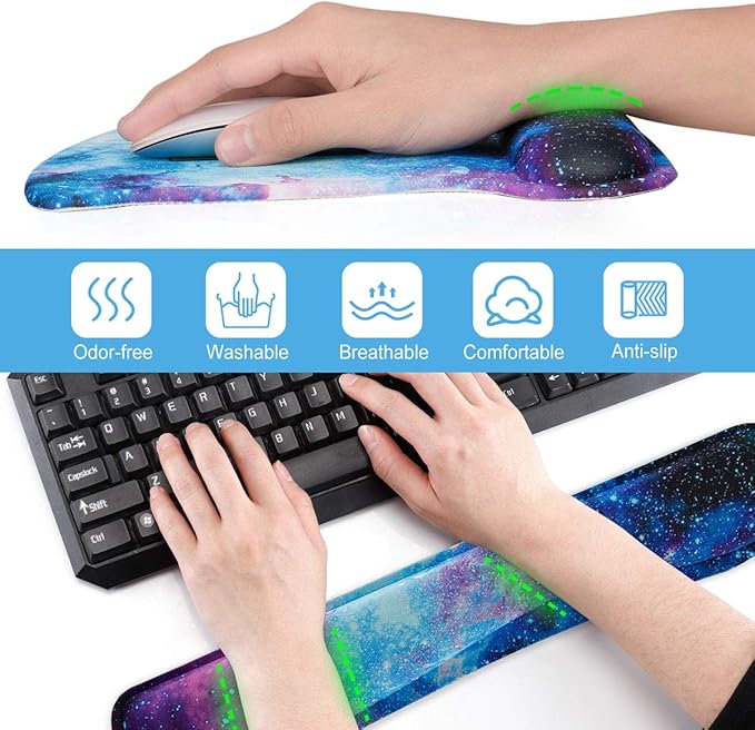 ToLuLu Keyboard Wrist Rest Pad Ergonomic Mouse Pad Set, Cute Gel Mouse Pad for Computer Laptop, Non Slip Mousepad Keyboard Wrist Support Raised Memory Foam for Easy Typing Pain Relief, Nebula Galaxy