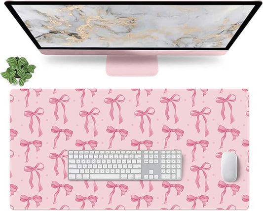 Pink Desk Mat with Bows, Cute Bow Mouse Pad for Computer Laptop PC Non-Slip Rubber Base Gaming Keyboard Pad, Large Office Mat Girly Décor Office Supplies Accessories for Teen Girls Women 31.5 x 15.7in