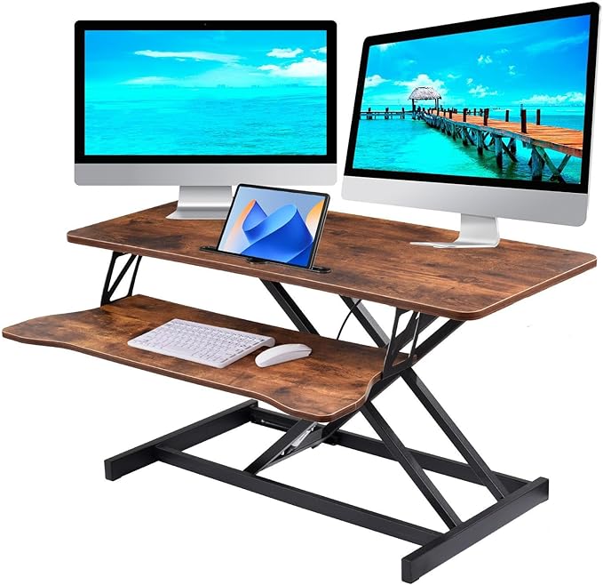 37" Desk Converter, Height Adjustable Stand Up Desk Converter, 2 Monitor Standing, Sit to Stand, Quick Sit to Tabletop, Riser Workstation with Wide Keyboard Tray