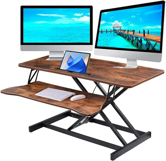 37" Desk Converter, Height Adjustable Stand Up Desk Converter, 2 Monitor Standing, Sit to Stand, Quick Sit to Tabletop, Riser Workstation with Wide Keyboard Tray
