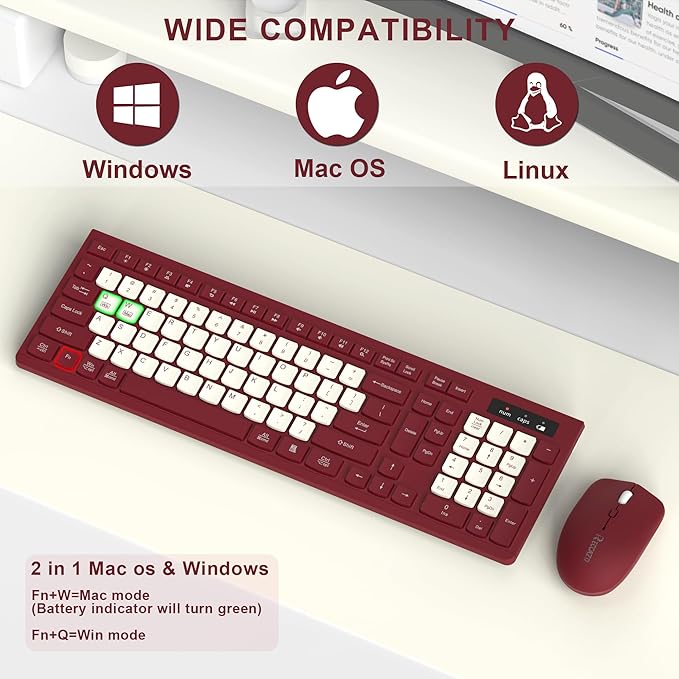 Wireless Keyboard and Mouse Combo, Full-Sized Wireless Keyboard and Adjustable DPI Mouse, 2.4GHz USB Receiver, Keyboard and Mouse for PC, Windows, Desktop, Laptop (Wine Red-B)