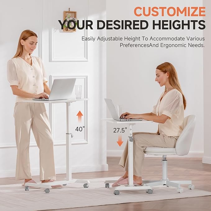 GTPLAYER Mobile Small Standing Desk, 24 inch Sit Stand Portable Rolling Laptop Desk with Lockable Wheels, Adjustable Height Overbed Bedside Table Computer Workstations, White