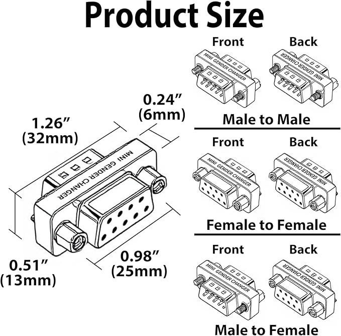 Cyberguys DB9 Gender Changer 3-Pack – Serial Adapter Set Includes DB9 Female to Female, Male to Male, and Male-to-Female – Slimline RS232 Connector Adapter for PC, Modem, POS, Router, Switch, Printer