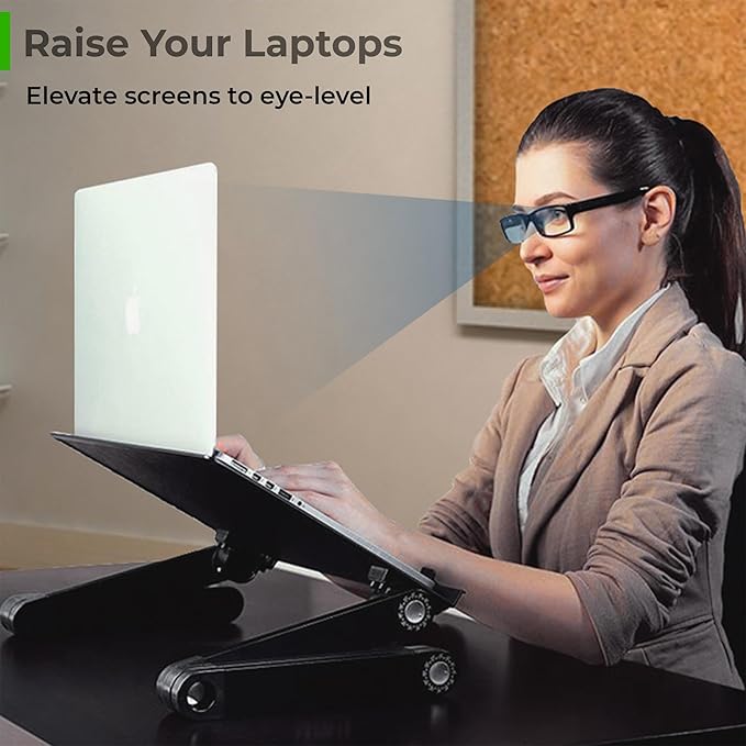 WorkEZ Executive Adjustable Laptop Stand for Desk, Adjustable Height Foldable Aluminum Computer Stand, Cooling Laptop Holder, Notebook Computer Riser for Desk, Black