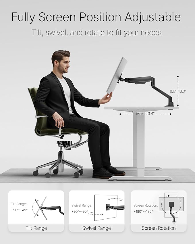 monTEK Deluxe Aluminum Monitor Arm with USB A/C for 17 to 40 Inch Curved Screens Fully Adjustable Single Monitor Arm with Clamp/Grommet, Quick Release Plate, Cable Management, VESA 75/100