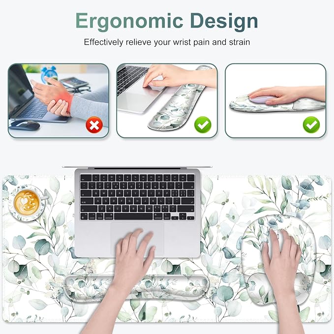 Large Mouse Pad with Wrist Support 4in1 Set, XXL Big Game Mousepad +Keyboard Wrist Rest+Mouse Wrist Rest+Coaster with Ergonomic Design Gaming Mat for Home Office Computer I Eucalyptus Branches