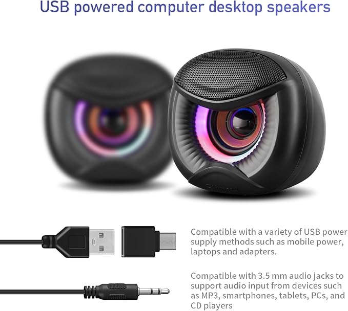 USB Computer Speakers, 3.5mm Aux Speaker and USB Powered Interface are Suitable for Desktop Laptop Monitor, Owl Eye Design, Includes a USB-C Adapter, Colorful Lights