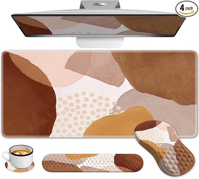 Large Mouse Pad with Wrist Rest and Keyboard Pad, Desk Pad Mat Set, 4PCS Carpal Tunnel Boho Mousepad with Wrist Support Combo, XXL Computer Office Desk Matt for Desktop Laptop, Brown Coffee