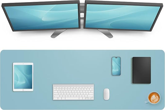 Leather Desk Pad Protector,Mouse Pad,Office Desk Mat, Non-Slip PU Leather Desk Blotter,Large Desk mat,Waterproof Keyboard mat for Office/Home/Decor (Light Blue,55" x 17")