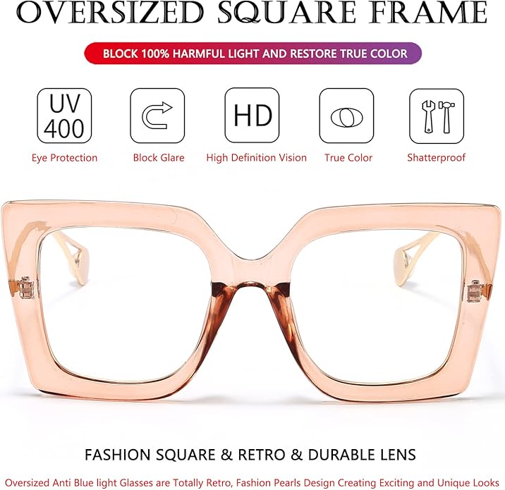 AIEYEZO Oversized Blue Light Glasses for Women, Anti Fatigue Prevent Headache Computer Eyeglasses