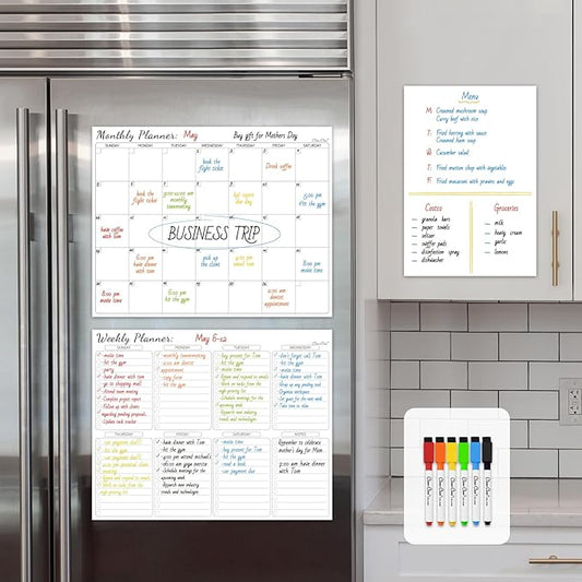 Non-Magnetic Dry Erase Calendar Set for Fridge - Reusable Monthly and Weekly Calendar Sticks to Most Smooth Surfaces - 6 Dry Erase Markers Included - Shipped Flat