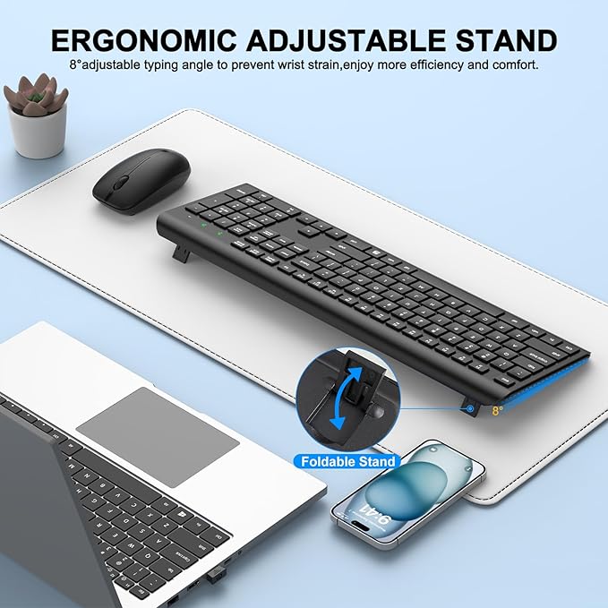 Wireless Keyboard and Mouse Combo, Full-Size Silent Ergonomic Keyboard and Optical Mouse, Long Battery Life, 2.4G Lag-Free Cordless Mice Keyboard for Laptop/Mac/PC/Windows(2 Packs