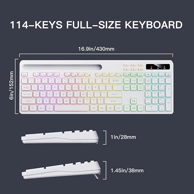 Wireless Keyboard with 7-Color RGB Backlit, Full-Size Computer Keyboard with Phone Tablet Holder, 2.4G Rechargeable Gaming Keyboard with Light Up Keys, Compatible with Mac, Windows (White)