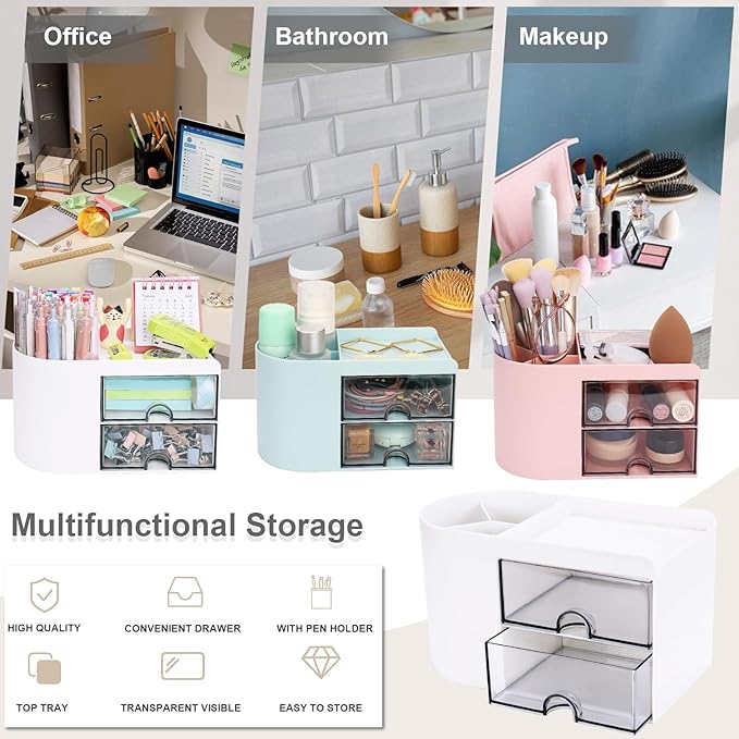 Desk Organizer with Drawer, Pen Organizer for Desk, Small Pencil Holder, Desk Organizers and Accessories for Office Home Storage (2 Drawers+4 Compartments, White)