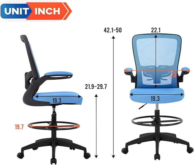 BestOffice Drafting Chair Tall Office Chair Adjustable Height with Lumbar Support Arms Footrest Mid Back Standing Desk Chair Swivel Rolling Mesh Computer Chair Standing Desk Drafting Stool Blue