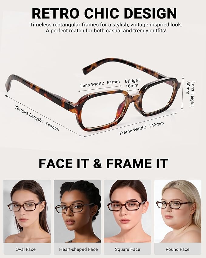 2 Pack Rectangle Blue Light Glasses for Women, Lightweight TR90 Small Frame with Spring Hinge for All-Day Comfort, Anti UV Glare & Eyestrain
