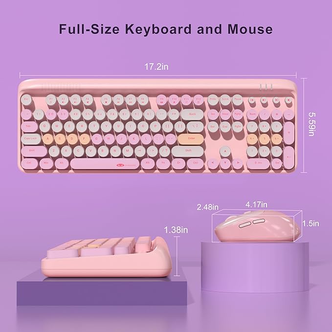 MageGee V920 Wireless Keyboard and Mouse Combo, 2.4G Full-Sized Retro Typewriter Keyboard with Round Keycaps & Auto-Sleep Mode, Cute Computer Keyboard and Cordless Optical Mouse for Laptop/PC (Pink)