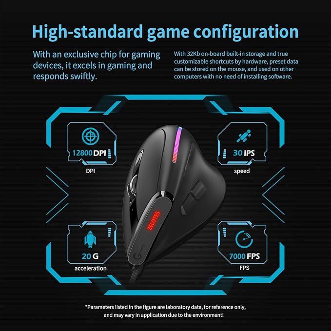 zelotes Wired Vertical Gaming Mouse,Ergonomic Design USB LED Optical Mouse with 9 Buttons and 4 Adjustable Sensitivity 1000/1600/2400/3200/4800/12800 DPI for Computer,Black… (T50Wired)