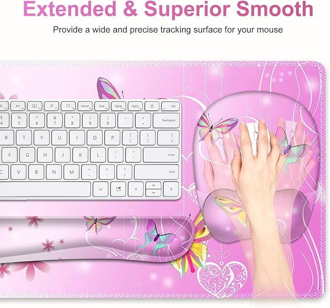 Mouse Pad with Wrist Support 4 in1 Set, XXL Big Game Mousepad + Keyboard Wrist Rest + Mouse Wrist Rest Pad +Coaster Gaming Mat for Work Study Home Office I Gradient Pink Butterfly Flower