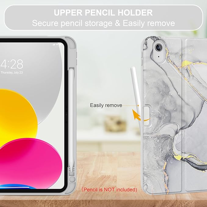 Soke for iPad (A16) 11th/10th Generation Case with Keyboard(2025/2022)-7 Color Backlight Wireless Detachable Folio Keyboard Cover with Built-in Pencil Holder for iPad 11/10.9 inch, Grey Marble